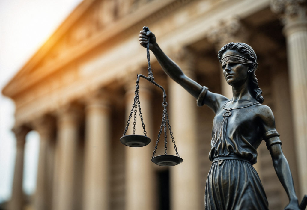 la statua rappresentante la giustizia con un tribunale nel sottofondo